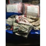 2 BAGS OF FLORAL & OTHER CURTAINS & 2 PINK THERMAL BLANKETS