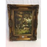 OIL PAINTING ON WOOD PANEL, LANDSCAPE WITH FLOCK OF SHEEP, LABEL TO REVERSE IN DECORATIVE,