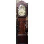 TALL MAHOGANY LONG CASED CLOCK WITH ENAMEL FACE, MAKERS NAME INDISTINCT BUT FROM RYDE,