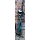 BUNDLE OF GARDEN TOOLS, FORKS, RAKES,