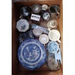 CARTON WITH BLUE & WHITE PLATES, PEWTER GOBLETS, MARBLE CIGARETTE LIGHTER, MODERN CARRIAGE CLOCK,