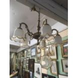 BRASS & GLASS 5 BRANCH ELECTROLIER WITH SPARE LAMP SHADE,