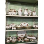 3 SHELVES OF ROYAL ALBERT BONE CHINA, OLD COUNTRY ROSES, DINNER & TEA WARE, TABLE CLOTH,