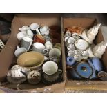 2 CARTONS OF MISC CHINAWARE INCL; CUPS, MUGS, SAUCERS, BLUE TEA POT,