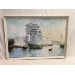 EXTENSIVE HARBOUR SCENE WITH MANY SAILING VESSELS AT ANCHOR, OIL ON BOARD.