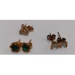 3 PAIRS OF 9ct GOLD EARRINGS, 2 PAIRS WHITE STONE & 1 PAIR GREEN STONES, 2.