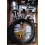 CARTON WITH CHROME BATH MIXERS & HANDLES, PAINT SPRAY GUN,