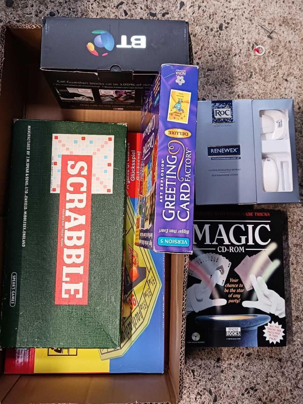 CARTON WITH BOX OF MAGIC TRICKS CD'S, BOXED SET OF SCRABBLE & ROULETTE,