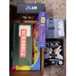 CARTON WITH BOX OF MAGIC TRICKS CD'S, BOXED SET OF SCRABBLE & ROULETTE,