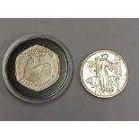 1 OUNCE SILVER £2 COIN & A 2007 ALDERNEY £5 COIN