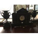 LARGE CLOCK GARNITURE COMPRISING BLACK SLATE STRIKING CLOCK WITH COLUMNS & GILT SWAGS & 2 BLACK