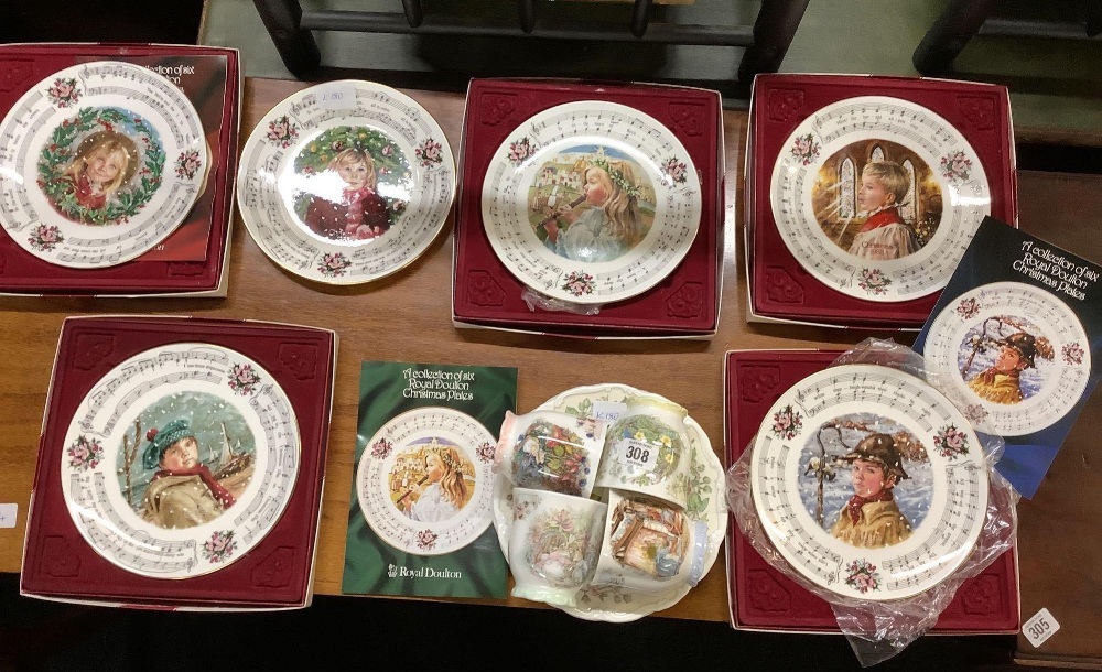 6 ROYAL DOULTON CHRISTMAS PLATES & 4 CUPS & TEA PLATES,