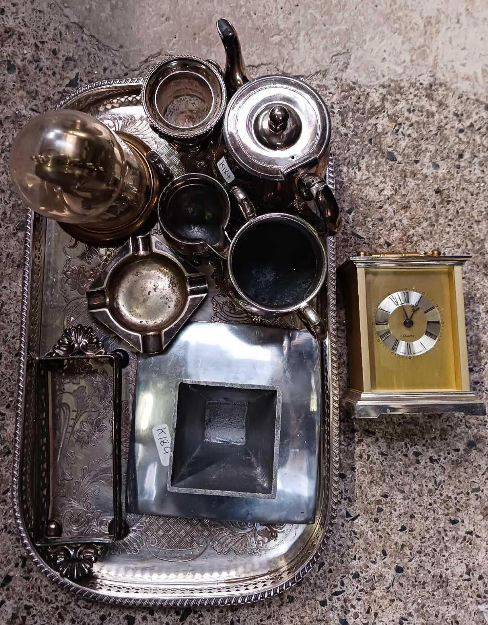SMALL GALLERY TRAY WITH MODERN CARRIAGE CLOCK & A TORSION CLOCK & PLATED ITEMS INCL;