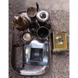 SMALL GALLERY TRAY WITH MODERN CARRIAGE CLOCK & A TORSION CLOCK & PLATED ITEMS INCL;