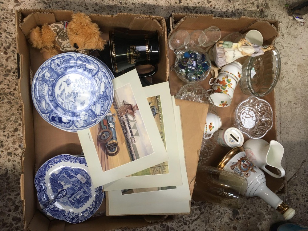 2 CARTONS OF MISC GLASS & CHINA INCL; JELLY MOULDS, VASES, GLENFIDDICH WATER JUG,