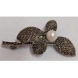 SILVER & MARCASITE & PEARL FLORAL BROOCHES