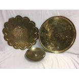 2 BRASS TRAYS, HEAVILY ENGRAVED WITH ORIENTAL FIGURES,