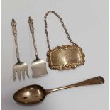 GEORGIAN SILVER TEA SPOON, MODERN PORT WINE TICKET & A SARDINE FORK & SHOVEL,