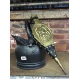 BLACK PAINTED COAL BUCKET WITH COAL NUBS & A SET OF FIRE BELLOWS