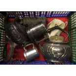 CARTON WITH MISC PLATED ITEMS, TEA POTS,