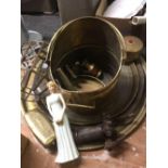 3 BRASS TRAYS, BRASS HELMET COAL BUCKET, DECORATIVE GLASS & METAL LAMP SHADE, BRASS STEAM GAUGES,