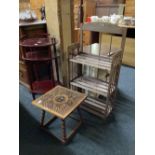 MODERN 3 TIER TELEPHONE STAND, FOLDING BOOKCASE & CARVED WOODEN STOOL,