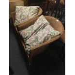 PAIR OF WICKER CONSERVATORY ARMCHAIRS WITH CUSHIONS