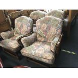 ERCOL OAK FRAMED & FLORAL UPHOLSTERED SETTEE SUITE IN GOOD CONDITION