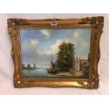 OIL PAINTING ON BOARD OF A RIVER SCENE WITH HOUSE & FIGURES, MOORED BOAT ETC,