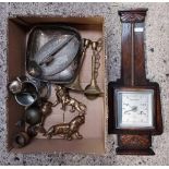 CARTON WITH BAROMETER, MISC METALWARE INCL; PEWTER MUGS,