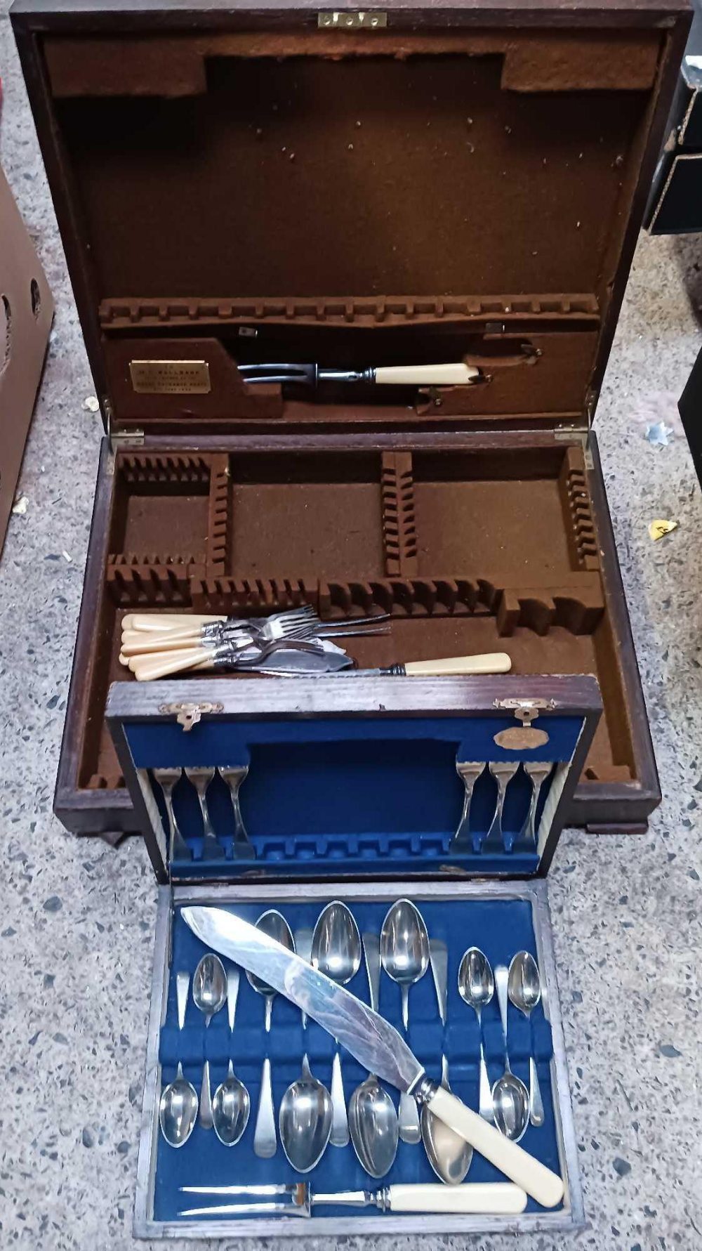 2 VINTAGE WOODEN CUTLERY BOXES WITH MISC CONTENTS