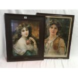 TWO OAK FRAMED VICTORIAN COLOUR PRINTS OF LADIES, BOTH SIGNED.