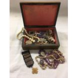 SMALL INLAID WOOD BOX WITH MISC COSTUME JEWELLERY, CHILD'S SILVER BRACELET,