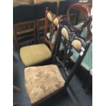 PAIR OF LATE VICTORIAN LOW UPRIGHT CHAIRS WITH UPHOLSTERED SEATS & ORIGINAL CASTERS