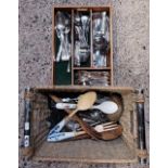 WICKER BASKET & WOODEN CUTLERY TRAY WITH MISC CUTLERY