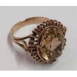 GOOD 9ct LARGE CITRINE SET RING IN FANCY MOUNT, SIZE 'O', 5.