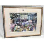 SANDRA BUZZO; VIEW OF TOTNES MARKET WATERCOLOUR SIGNED WITH LABELS TO REVERSE,