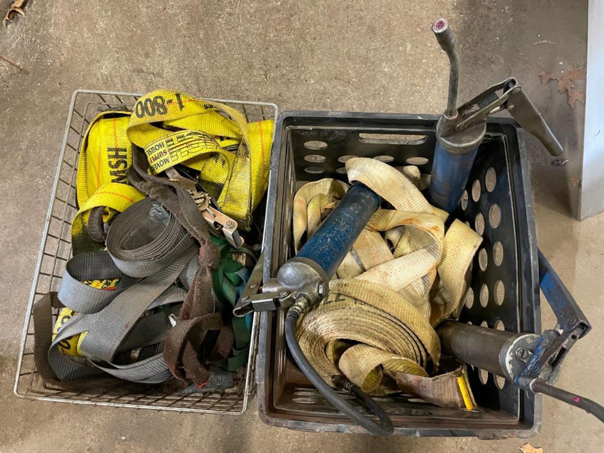 (LOT) OF HOIST STRAPS AND GREASE GUNS