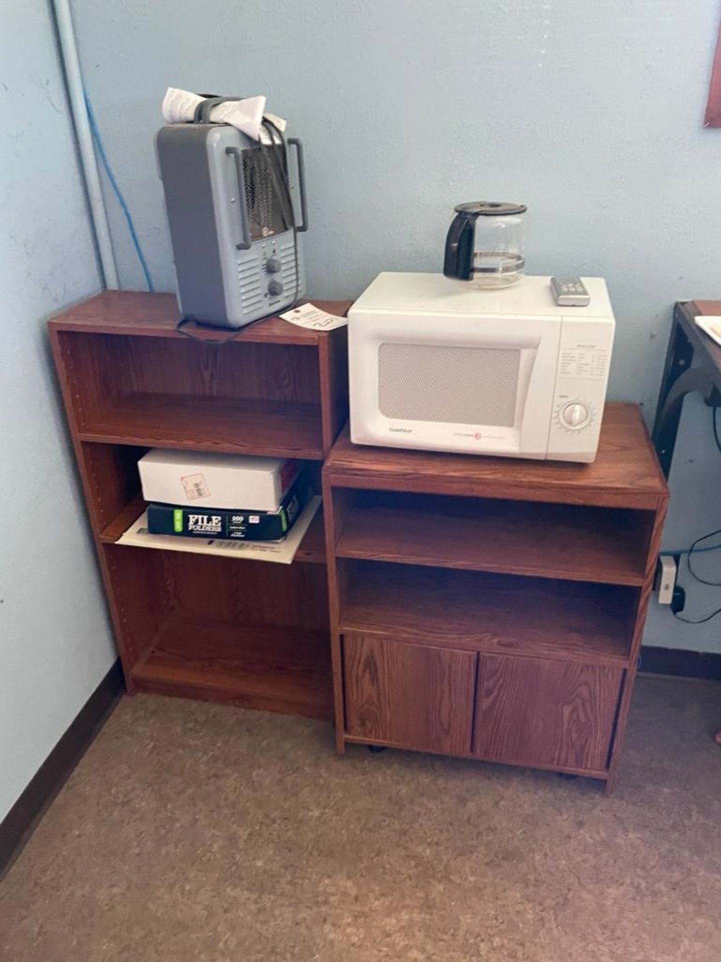 MICROWAVE AND WOODEN SHELVES WITH CONTENTS