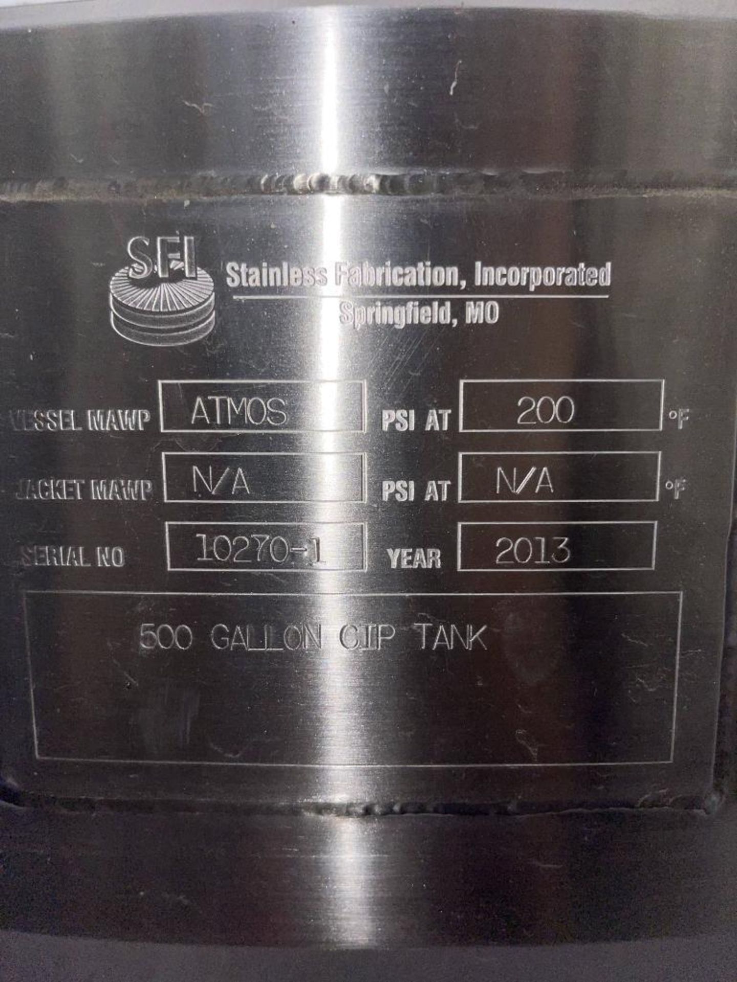 STAINLESS FABRICATION INC. SS TANK; 500 GALLON; 15PSI INTERNAL PRESSURE WITH CIP BALL DISHED HEADS; - Image 10 of 10