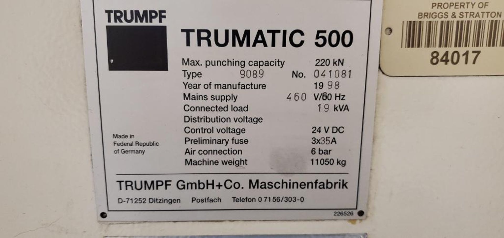 TRUMPF TRUMATIC 25 TON 500 CNC TURRET PUNCH; YEAR 1998 - Image 5 of 5