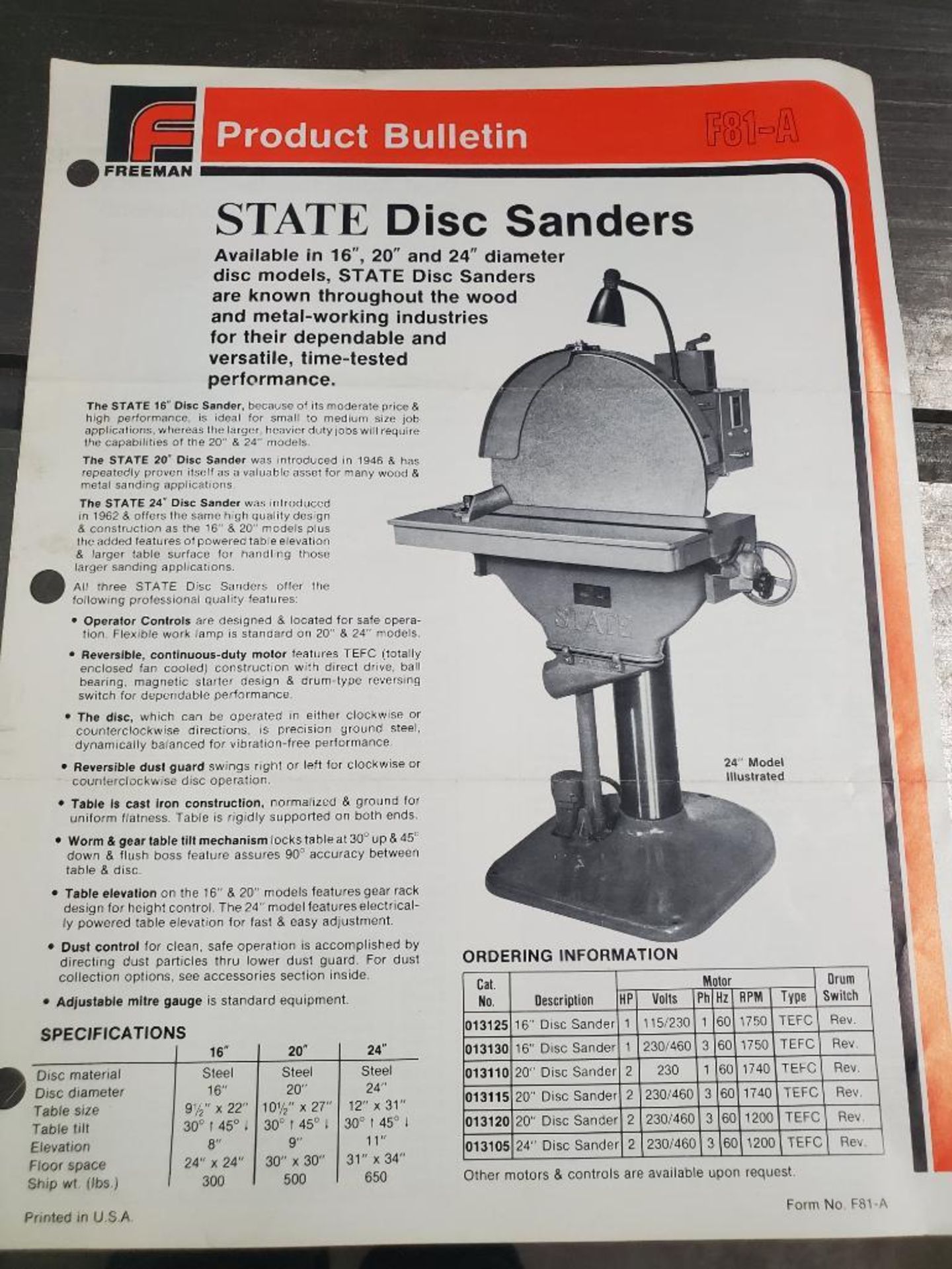 STATE 24" DISC SANDER; MODEL D24 - Image 5 of 7