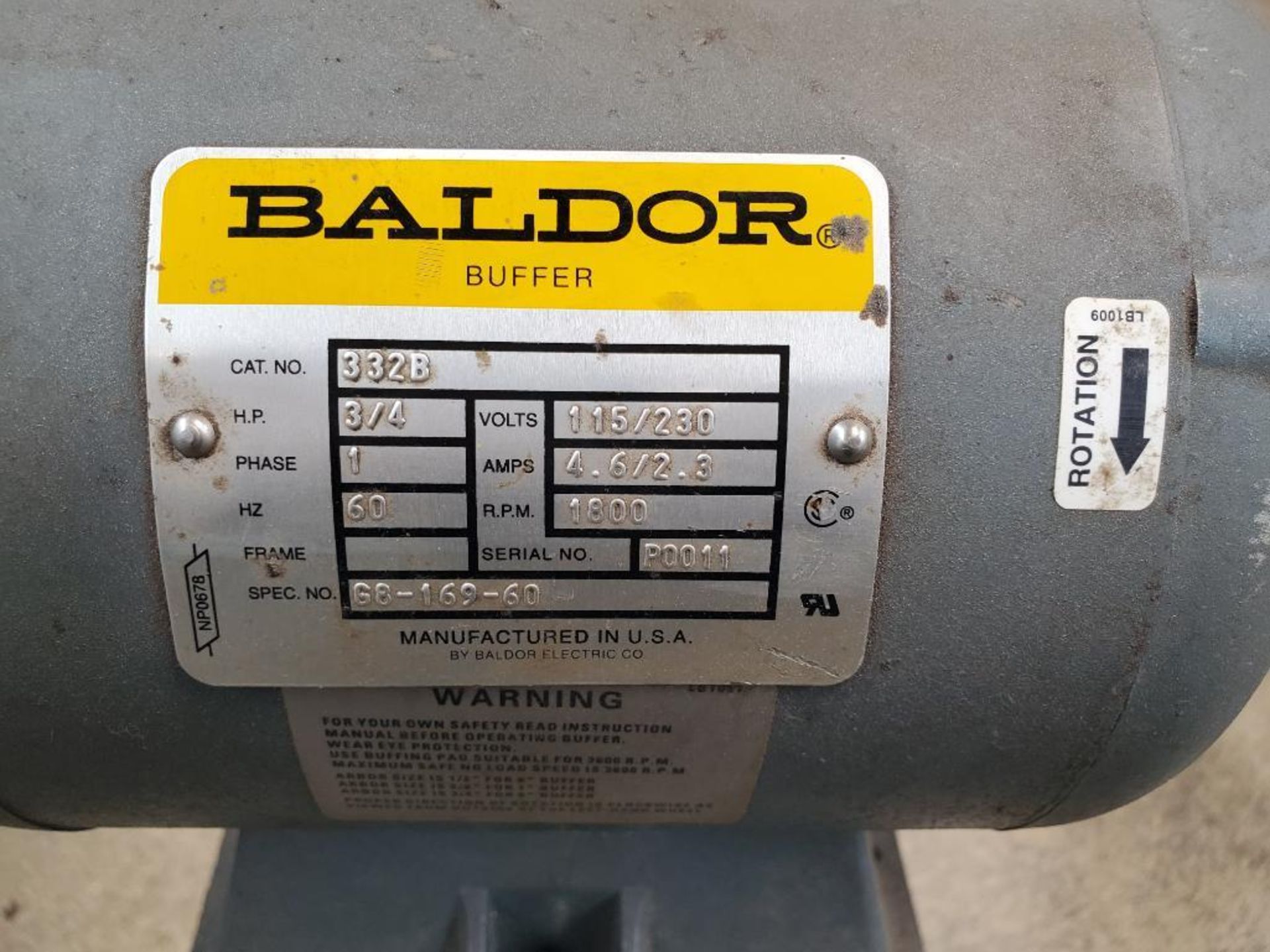 BALDOR 3/4 HP INDUSTRIAL PEDESTAL BUFFER GRINDER 332B - Image 4 of 4