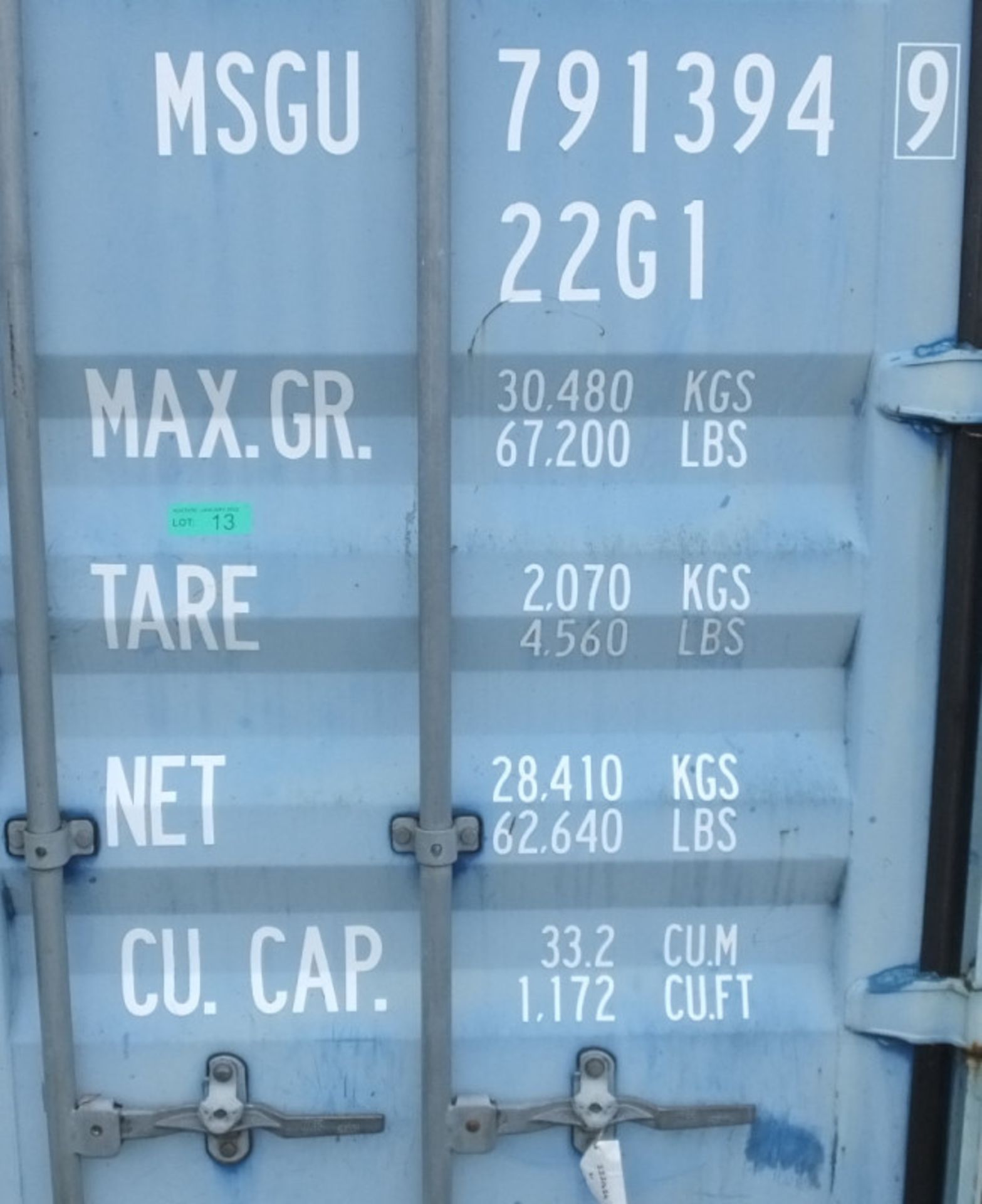 20ft ISO container - Type 1CC-20NT14G(B) - light blue - LOCATED AT OUR CROFT SITE - Image 11 of 12