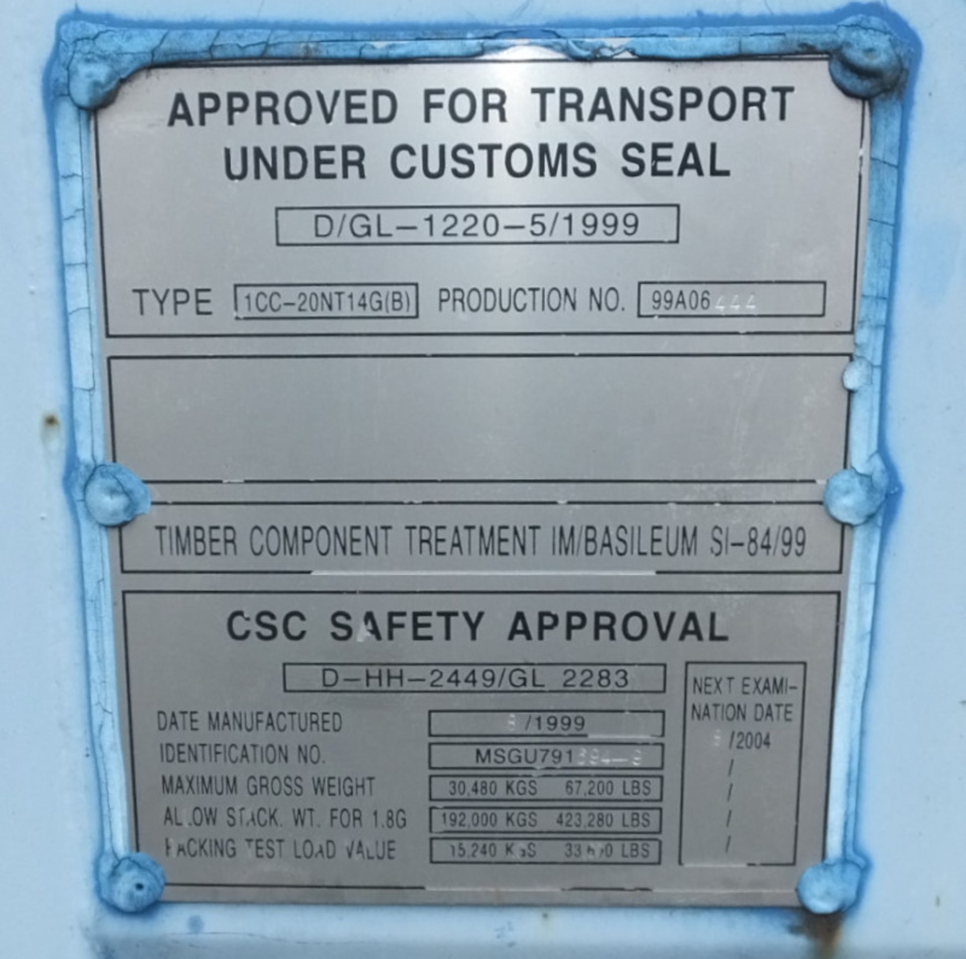 20ft ISO container - Type 1CC-20NT14G(B) - light blue - LOCATED AT OUR CROFT SITE - Image 12 of 12