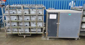 12 section roller plastic bin storage frame with drainage pipes, water storage & pump unit