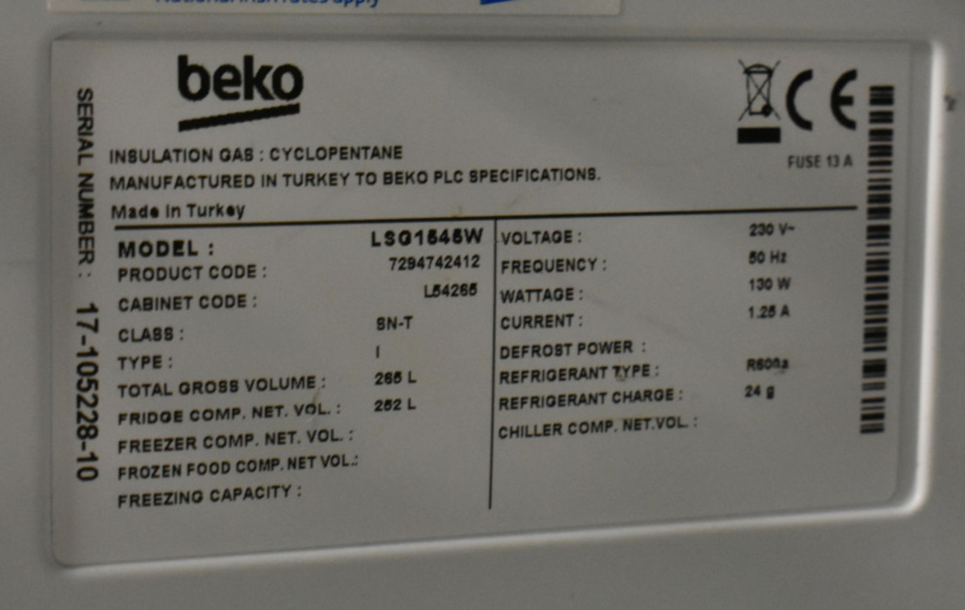 Beko LSG1545W Fridge L 540mm x W 540mm x H 1460mm - Image 4 of 4