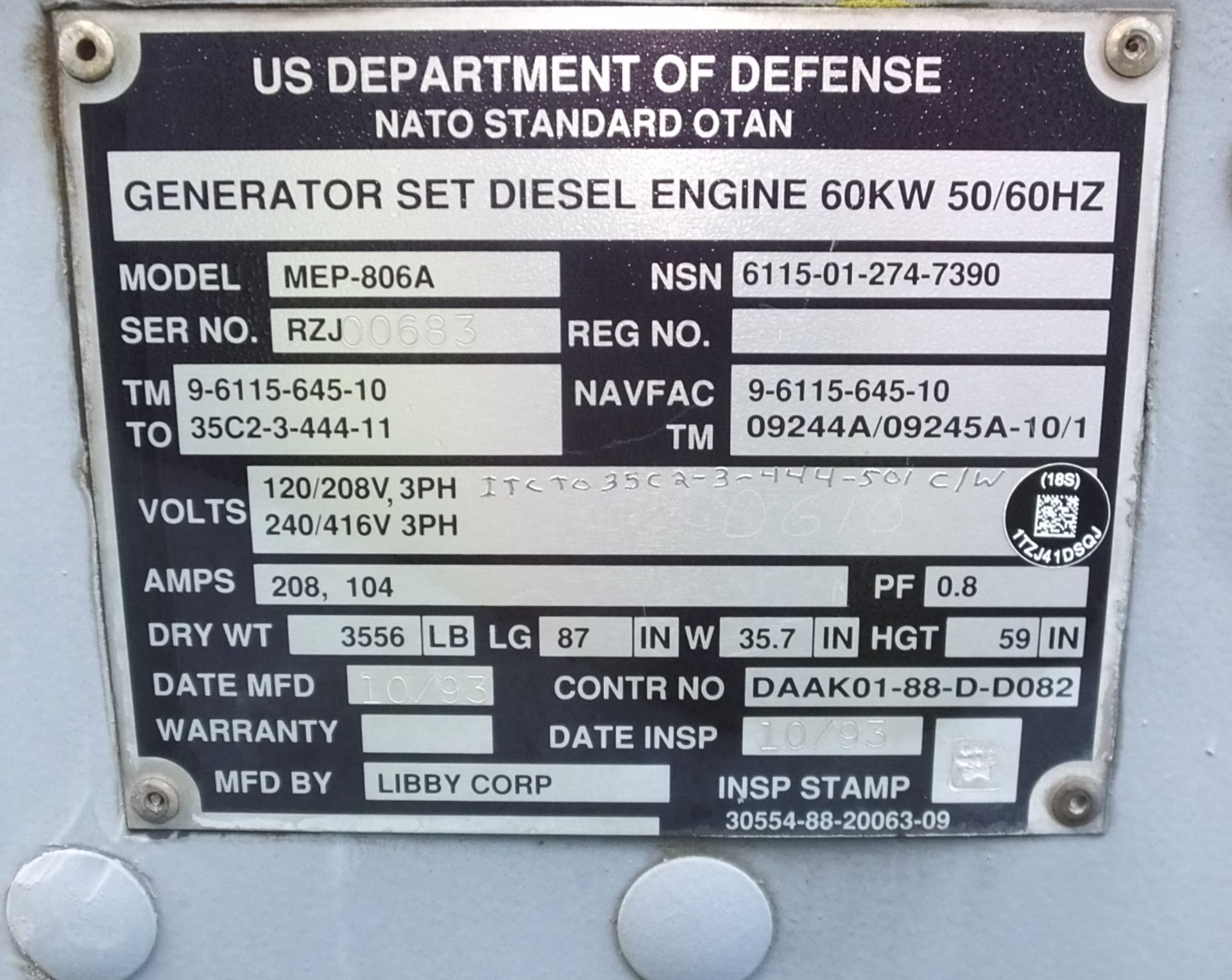 Mobile Diesel Engine Generator Set MEP-806A - 60kW - NSN 6115-01-274-7390 - Image 8 of 26