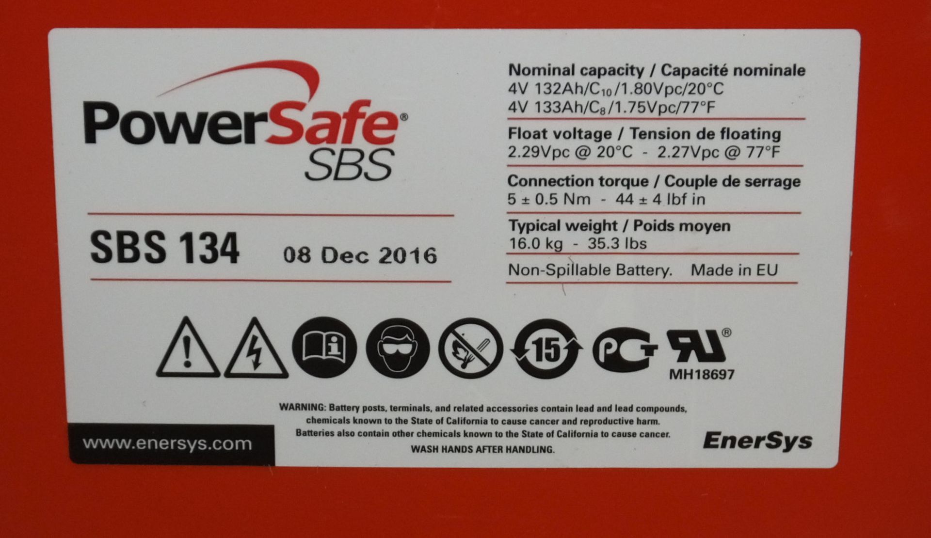 Power Safe SBS 134 Sealed Lead Acid Battery - Image 2 of 2