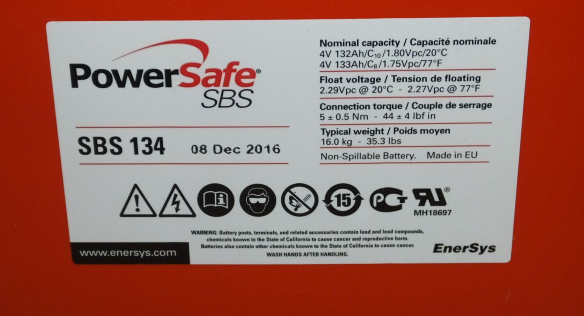 Power Safe SBS 134 Sealed Lead Acid Battery - Image 2 of 2